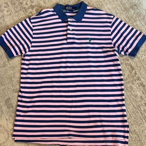 Men’s polo by Ralph Lauren pink and blue stripe pull over. Size large